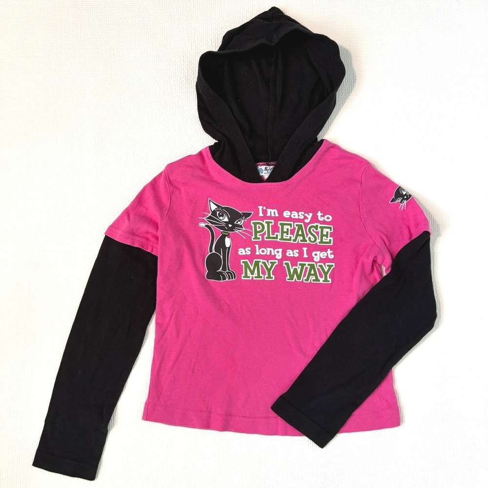 Vintage Self Esteem Cat Graphic Layered Hoodie Shirt Small Pink Black